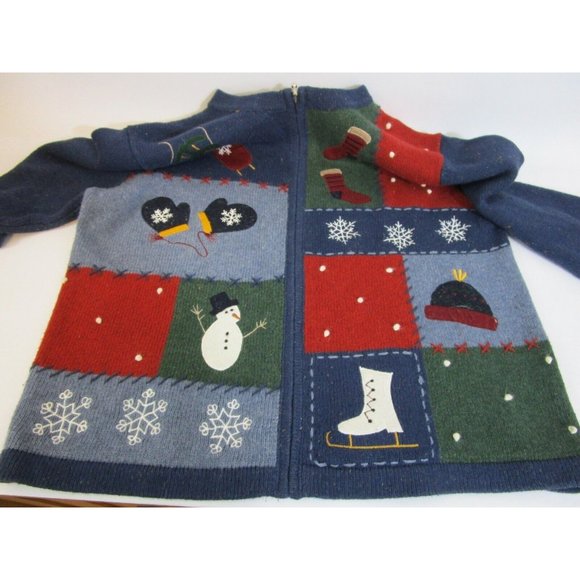 Christmas Full Zip Sweater Sz Large Snowman Snowflakes Croft & Barrow Colorblock - Picture 9 of 10